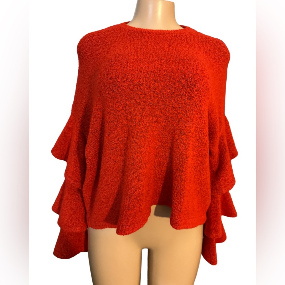 Red Sweater Tiered Ruffled Sleeve Pullover Oversized Sweater  ~ Size S ~ Women’s